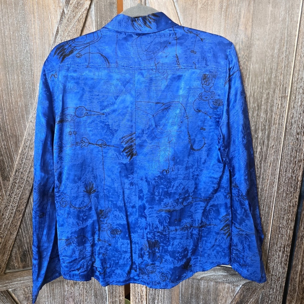 Chico's Shirt Women's Size 1 (US Medium) Blue Black Accents Monkey Elephant Silk - Picture 7 of 9